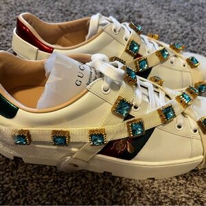 Gucci White Leather Sneakers with Turquoise Gem Accents